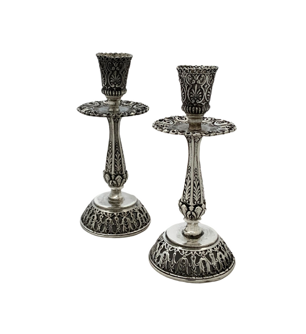 FINE ITALIAN 925 STERLING SILVER HANDMADE LEAF ORNATE SHINY ROUND CANDLESTICKS