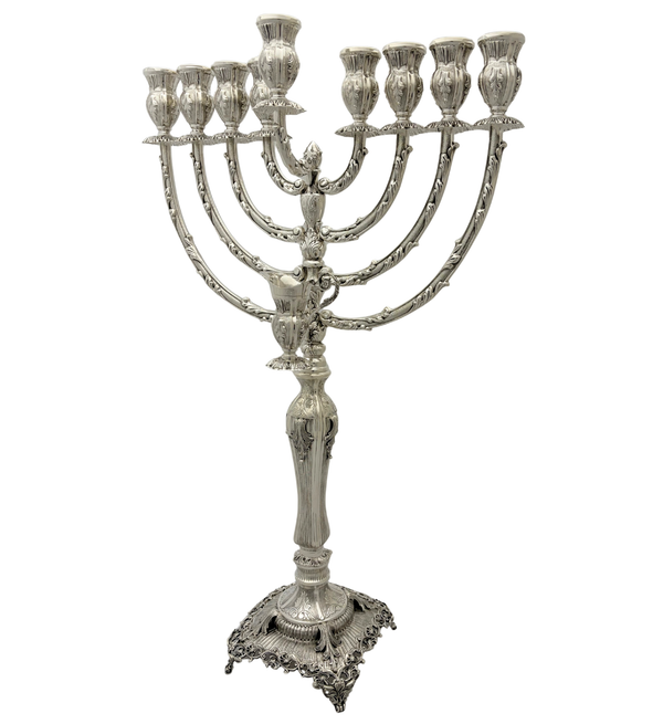 925 STERLING SILVER HANDMADE LEAF APPLIQUE CHASED MATTE SHINY CHANUKAH MENORAH