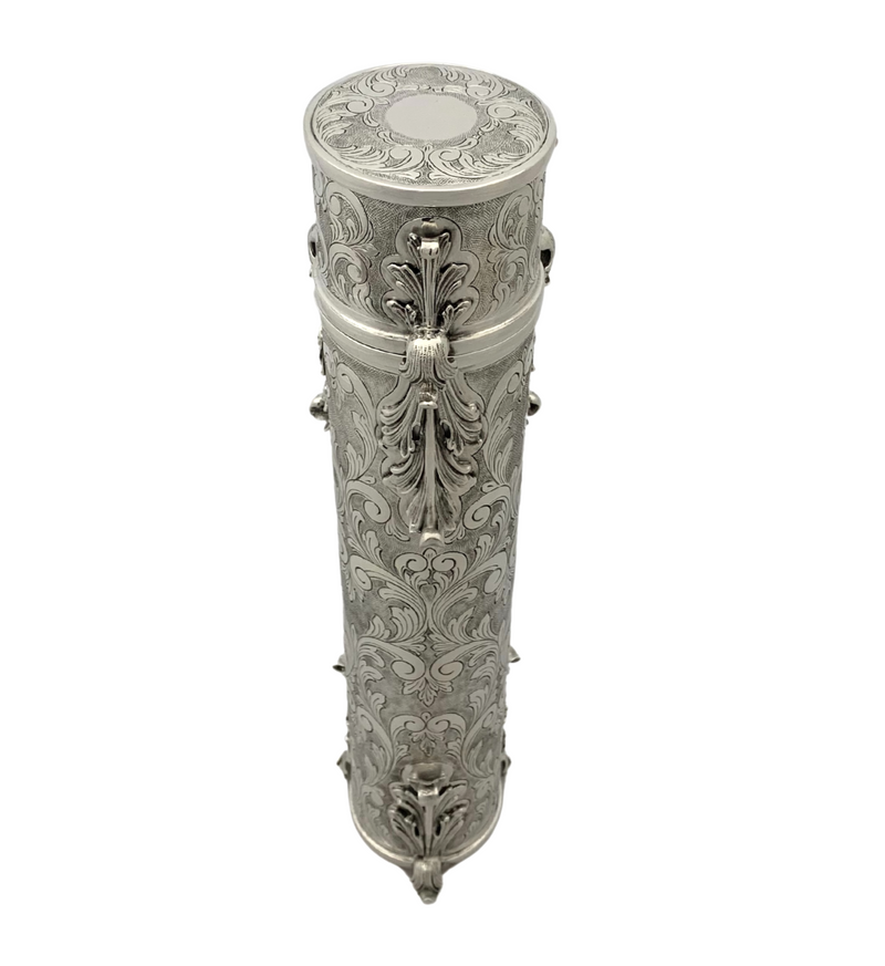 FINE 925 STERLING SILVER HANDMADE LEAF APPLIQUE CHASED SWIRL MEGILLAH HOLDER