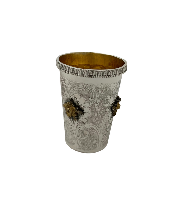 ITALIAN 925 STERLING SILVER & GILDED HANDMADE FLORAL APPLIQUE ORNATE CUP & TRAY