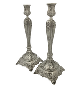 FINE TALL 925 STERLING SILVER HANDMADE LEAF APPLIQUE CHASED ORNATE CANDLESTICKS