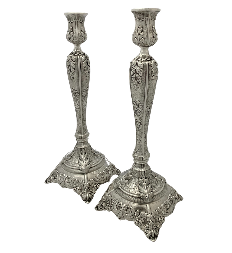 FINE TALL 925 STERLING SILVER HANDMADE LEAF APPLIQUE CHASED ORNATE CANDLESTICKS