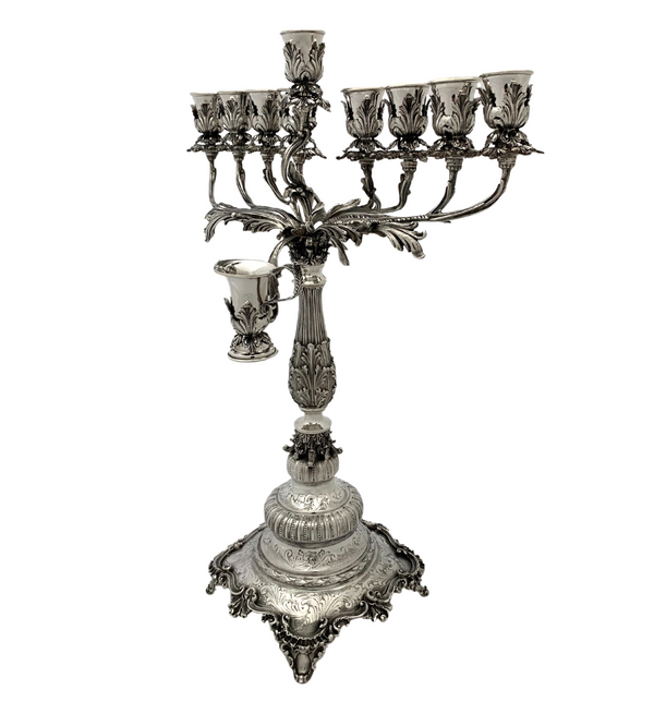 FINE ITALIAN 925 STERLING SILVER HANDMADE ORNATE CHASED LEAF APPLIQUE MENORAH