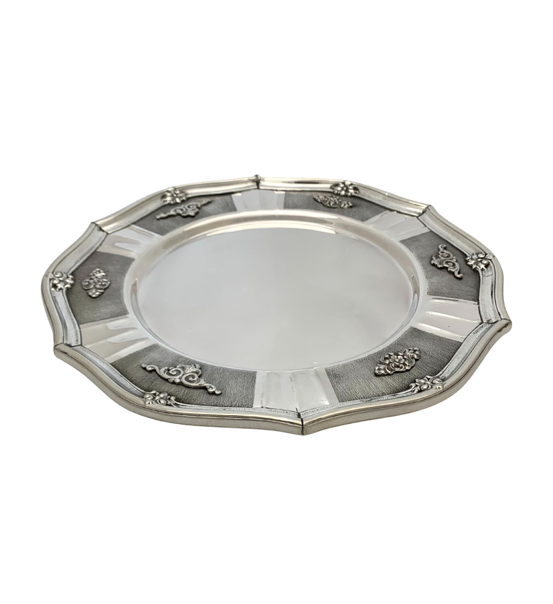 925 STERLING SILVER HANDMADE FLORAL LEAF APPLIQUE CHASED MATTE SHINY ROUND TRAY