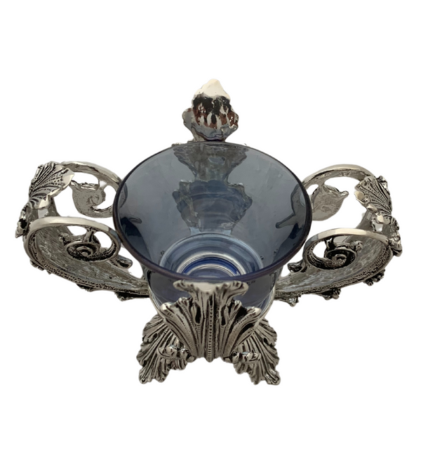 FINE ITALIAN 925 STERLING SILVER & BLUE GLASS HANDMADE LEAF APPLIQUE SALT HOLDER