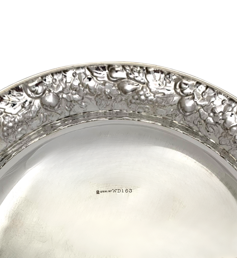 ANTIQUE 925 STERLING SILVER HANDMADE HEAVY FLORAL REPOUSSE ORNATE ROUND DISH