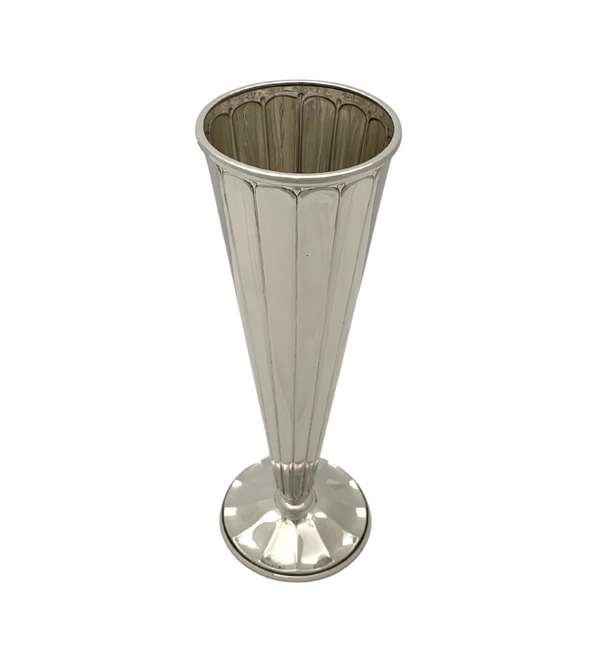 ANTIQUE 925 STERLING SILVER HANDMADE LINEAR RIBBED SHINY SLEEK TRUMPET VASE