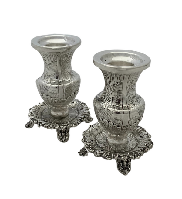 FINE SMALL 925 STERLING SILVER HANDMADE CHASED ORNATE STRIATED CANDLESTICKS