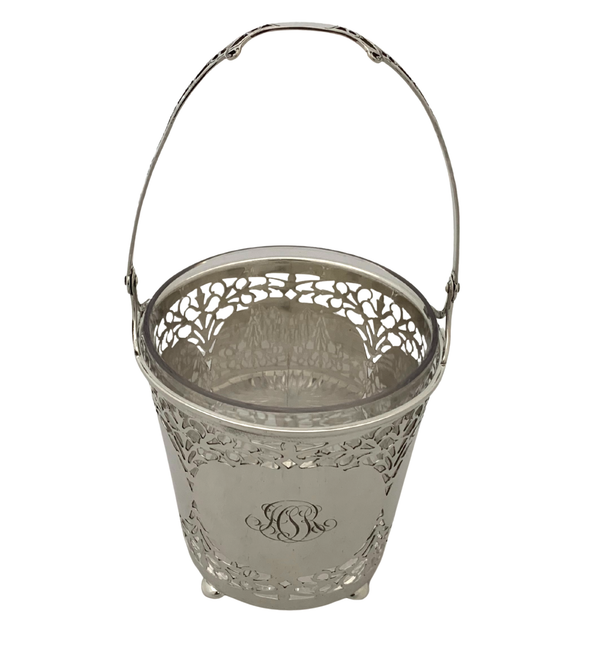 ANTIQUE 925 STERLING SILVER & GLASS HANDMADE ORNATE WOVEN ICE BUCKET & HANDLE