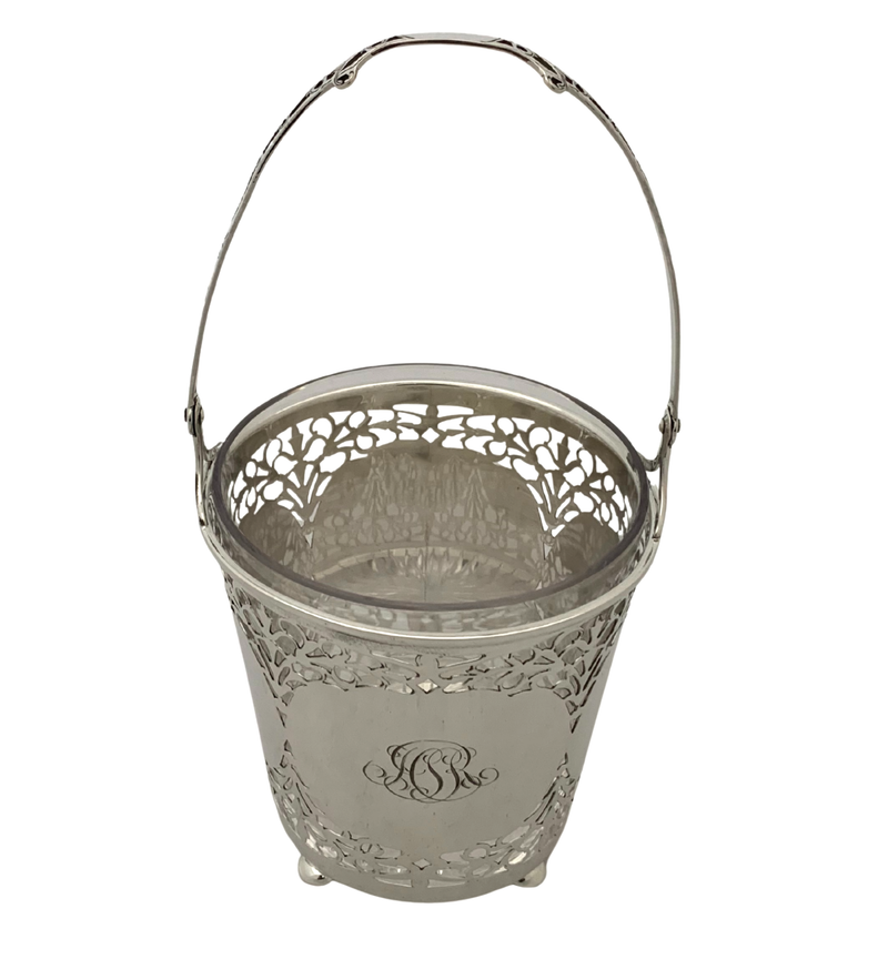 ANTIQUE 925 STERLING SILVER & GLASS HANDMADE ORNATE WOVEN ICE BUCKET & HANDLE