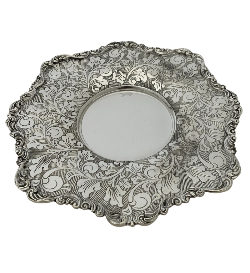 FINE 925 STERLING SILVER HANDMADE STRIATED FLORAL LEAF SWIRL ORNATE CUP & TRAY