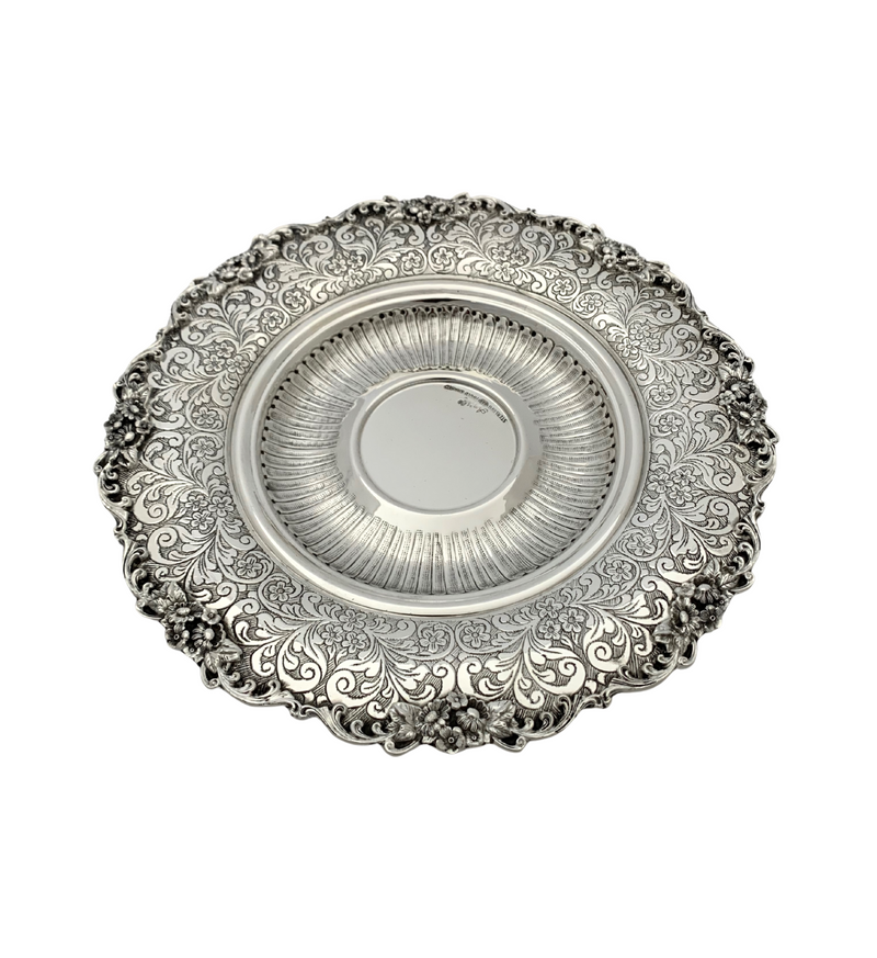 925 STERLING SILVER HANDMADE HEAVY FLORAL ORNATE SWIRL STRIATED SHINY CUP & TRAY