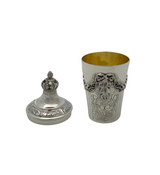 FINE 925 STERLING SILVER HANDMADE LEAF APPLIQUE CHASED ORNATE CUP & TRAY & COVER