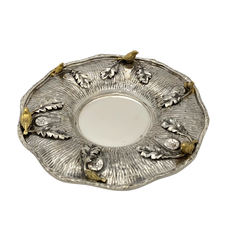 925 STERLING SILVER & GILDED HANDMADE MULTI BIRD & LEAF APPLIQUE TREE CUP & TRAY