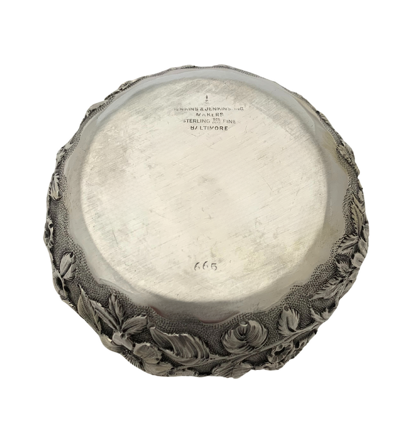 ANTIQUE JENKINS & JENKINS 925 STERLING SILVER HANDMADE FLORAL REPOUSSE ROUND BOX