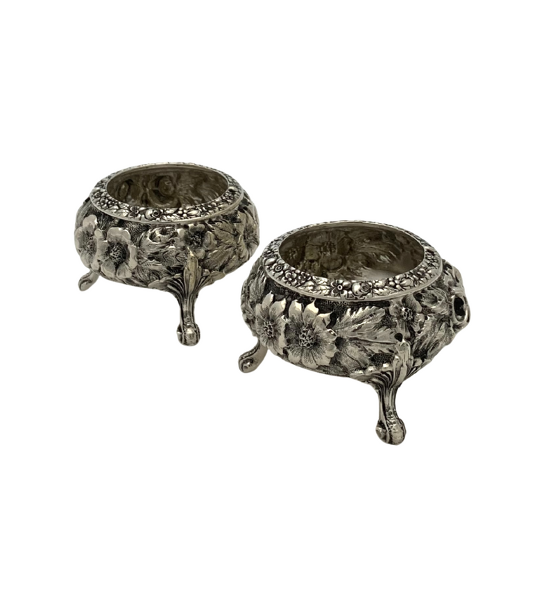 ANTIQUE STIEFF 925 STERLING SILVER HANDMADE FLORAL REPOUSSE SALT HOLDER PAIR