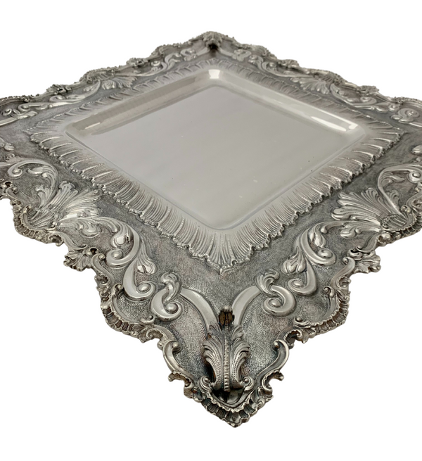 ITALIAN 925 STERLING SILVER HANDMADE ORNATE LEAF APPLIQUE MATTE & SHINY TRAY