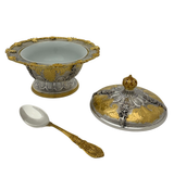 925 STERLING SILVER & GILDED HANDMADE CHASED FLORAL APPLIQUE SOUP BOWL & TRAY