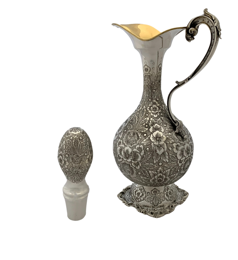 ITALY 925 STERLING SILVER HANDMADE FLORAL LEAF ORNATE CHASED WINE BOTTLE & TRAY