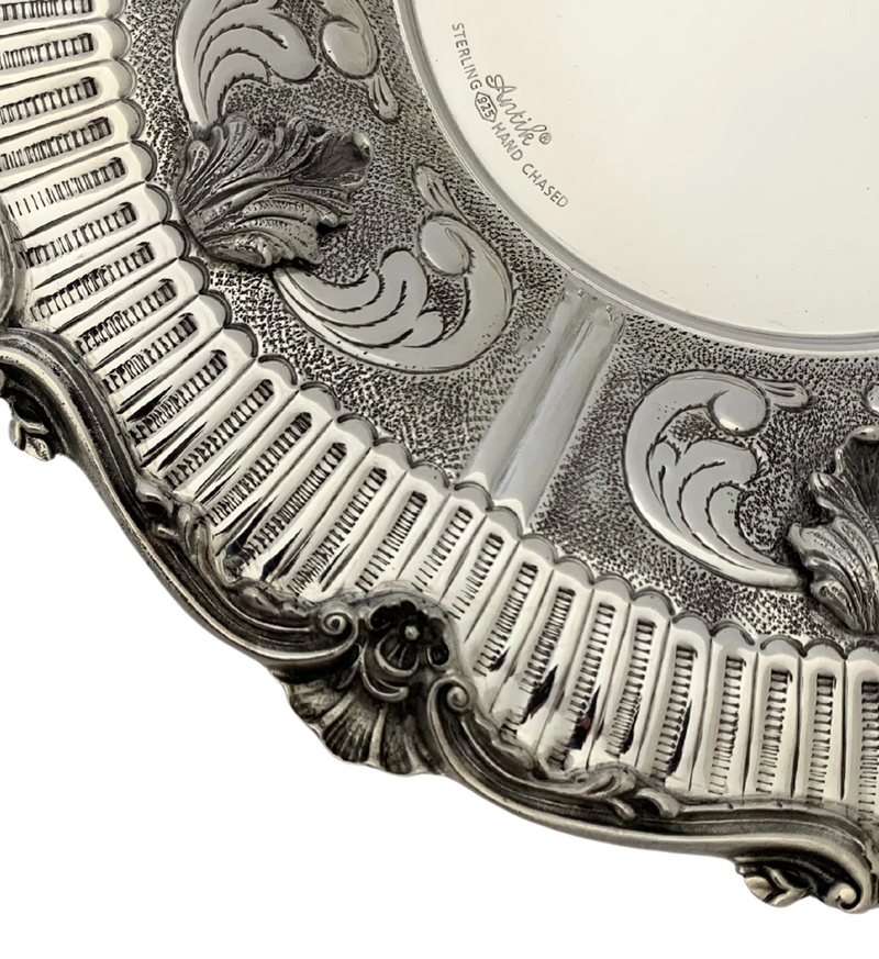 925 STERLING SILVER HANDMADE SWIRL LEAF APPLIQUE ORNATE MATTE SHINY ROUND TRAY