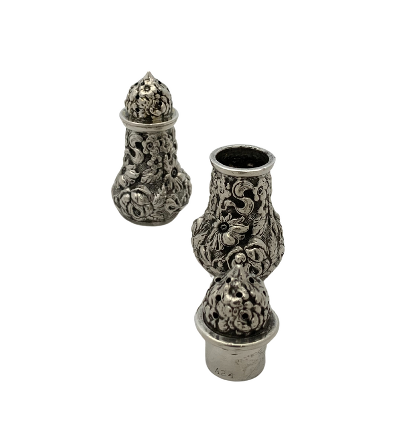 STIEFF 925 STERLING SILVER HANDMADE FULL CHASED REPOUSSE SALT & PEPPER SHAKERS