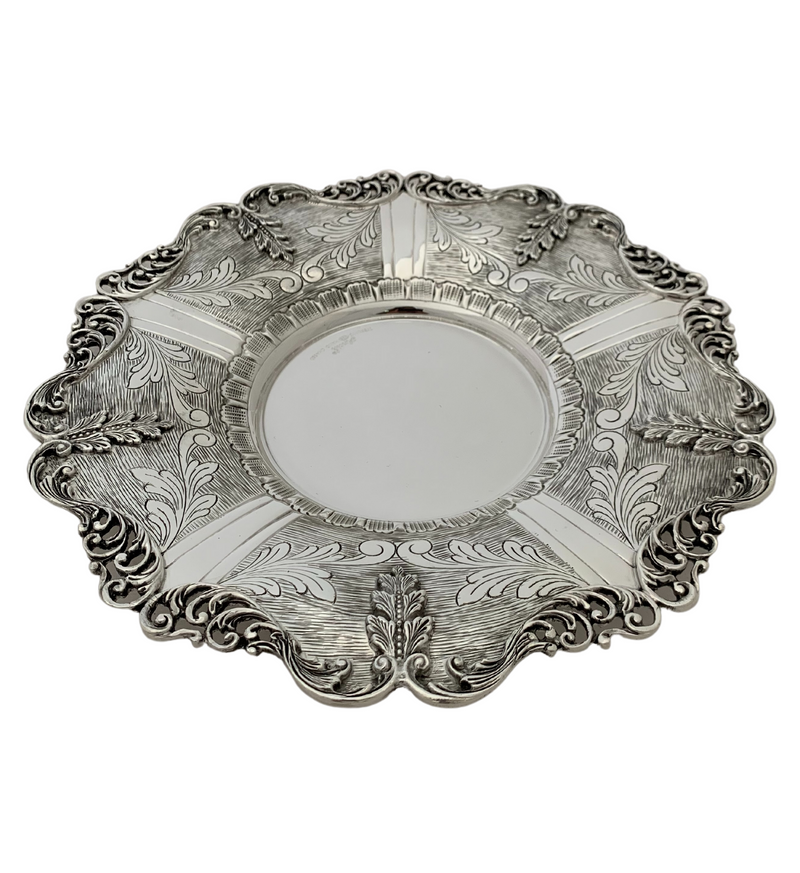 925 STERLING SILVER HANDMADE STRIATED CHASED LEAF APPLIQUE ORNATE CUP & TRAY