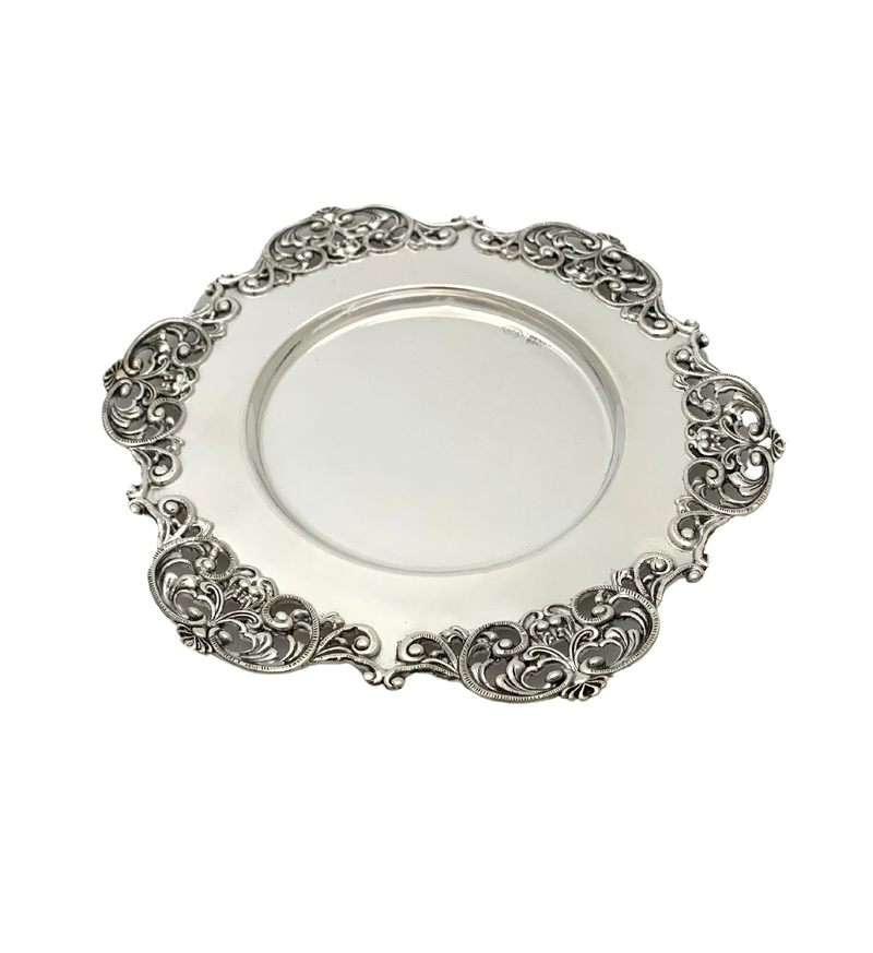925 STERLING SILVER & GLASS INSERT HANDMADE FLUTED OPEN LACE ORNATE CUP & TRAY