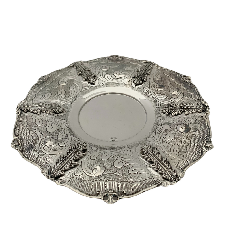 FINE 925 STERLING SILVER HANDMADE LEAF APPLIQUE CHASED SWIRL ORNATE CUP & TRAY