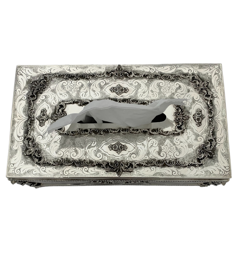 FINE LARGE 925 STERLING SILVER HANDMADE CHASED FLORAL ORNATE TISSUE BOX CASE