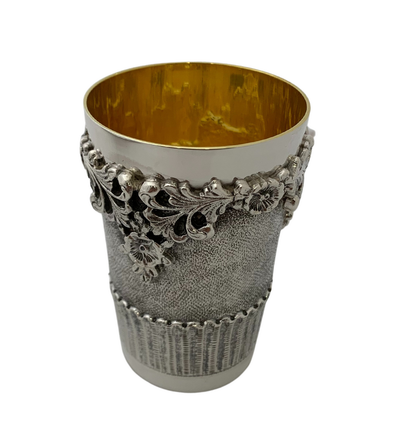 ITALIAN 925 STERLING SILVER HANDMADE ELEGANT MULTI FLOWER MATTE CUP & TRAY