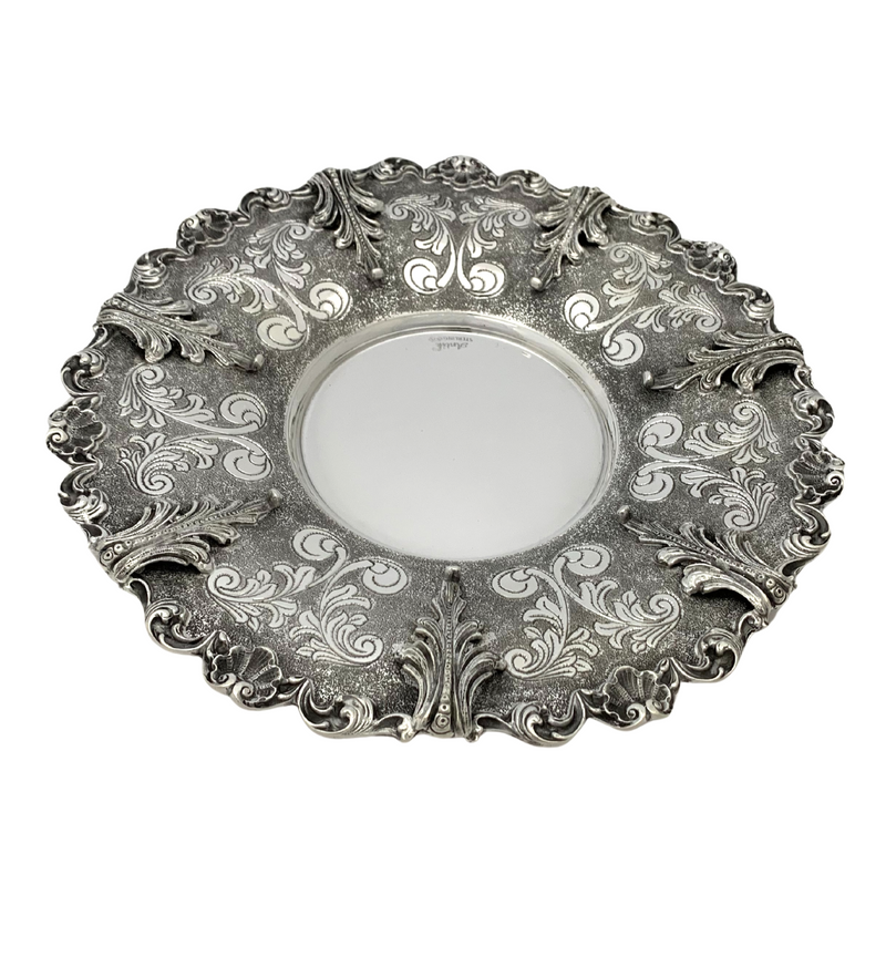 925 STERLING SILVER HANDMADE CHASED LEAF APPLIQUE ORNATE MATTE SHINY CUP & TRAY