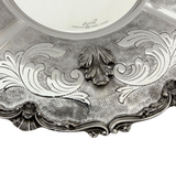 925 STERLING SILVER HANDMADE CHASED LEAF APPLIQUE MATTE SHINY ROUND PLATE TRAY