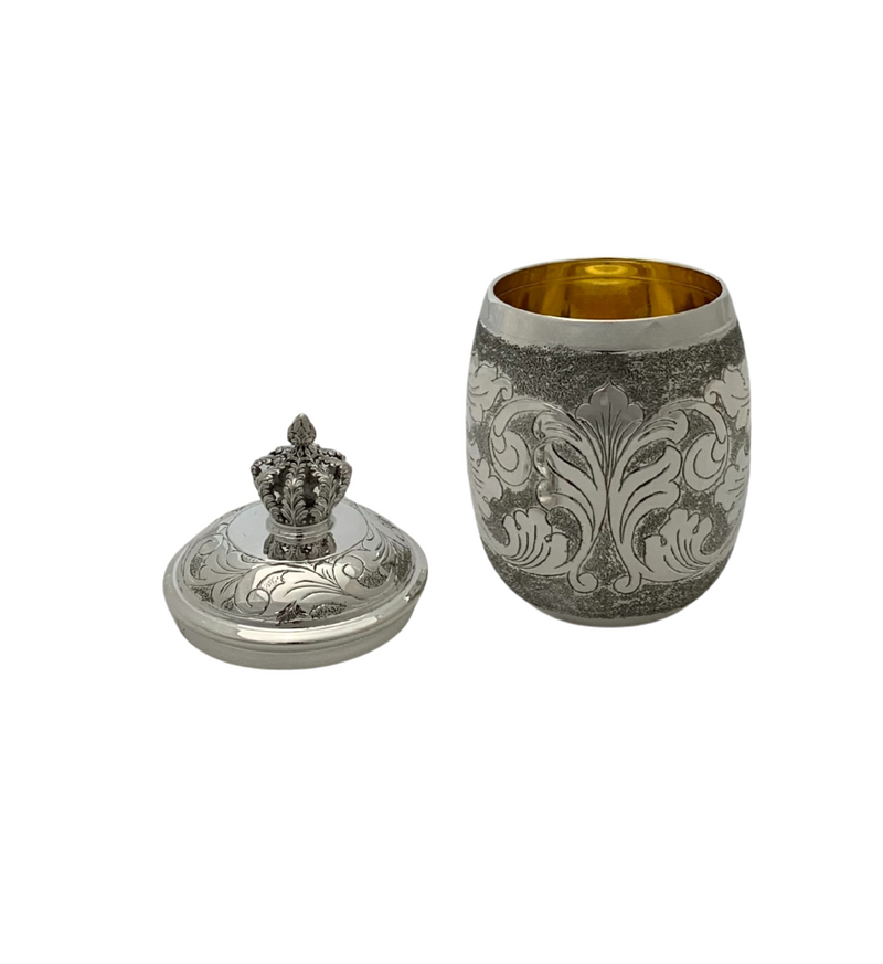 FINE 925 STERLING SILVER HANDMADE CHASED SWIRL MATTE & SHINY CUP & TRAY & COVER