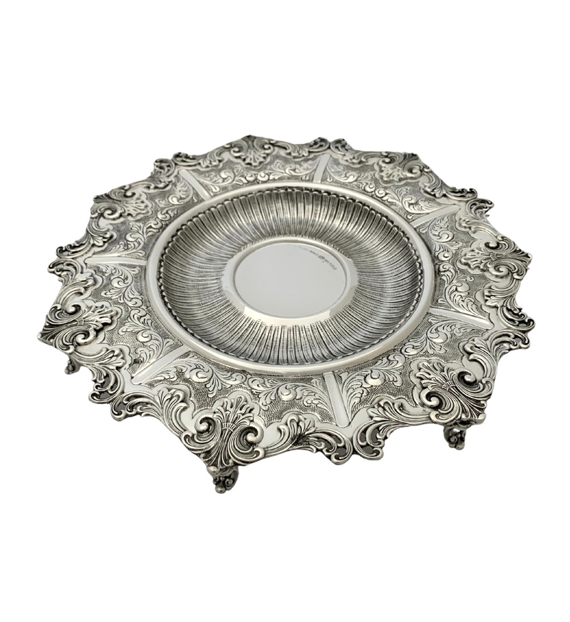 FINE 925 STERLING SILVER HANDMADE LEAF APPLIQUE ORNATE SWIRL CHASED CUP & TRAY
