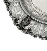 925 STERLING SILVER HANDMADE CHASED LEAF APPLIQUE ORNATE MATTE SHINY ROUND TRAY