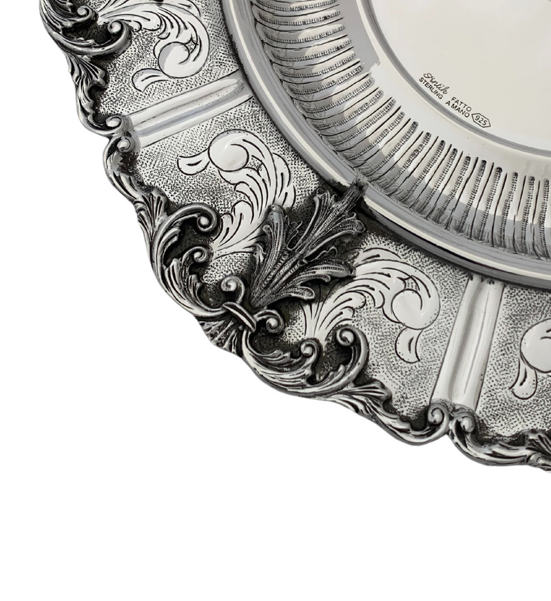 925 STERLING SILVER HANDMADE CHASED LEAF APPLIQUE ORNATE MATTE SHINY ROUND TRAY
