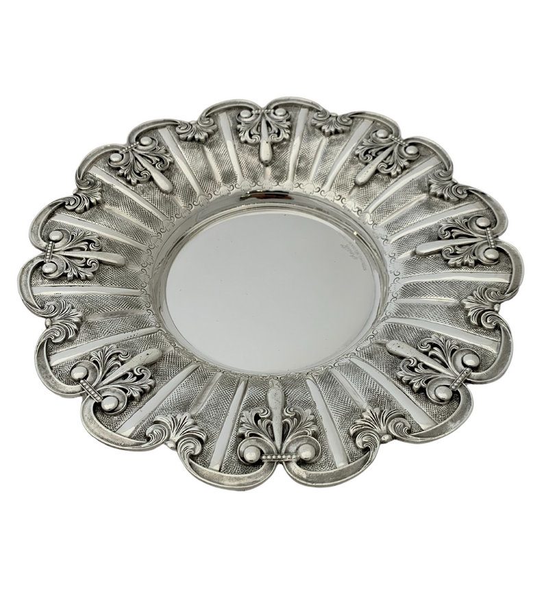 FINE 925 STERLING SILVER HANDMADE ORNATE LEAF APPLIQUE MATTE SHINY CUP & TRAY