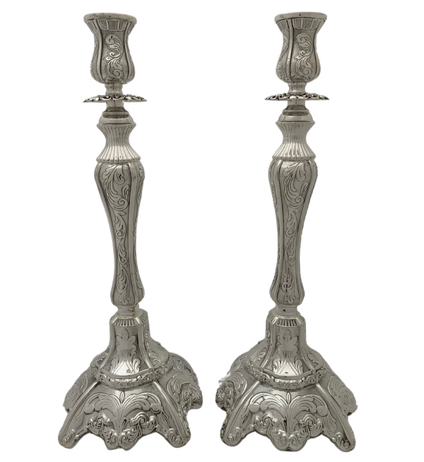 FINE TALL 925 STERLING SILVER HANDMADE CHASED LEAF APPLIQUE ORNATE CANDLESTICKS