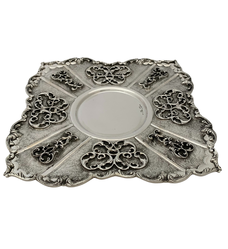 ITALIAN 925 STERLING SILVER HANDMADE CHASED APPLIQUE MATTE SQUARE CUP & TRAY
