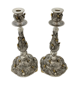 925 STERLING SILVER & GILDED HANDMADE MULTI BIRD LEAF TREE APPLIQUE CANDLESTICKS