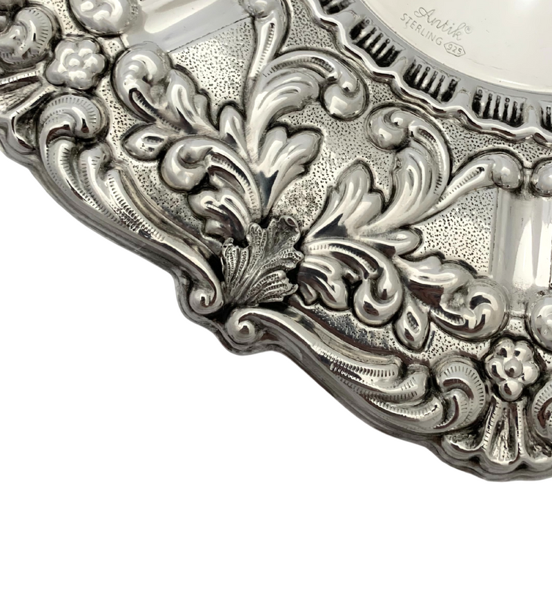 925 STERLING SILVER HANDMADE CHASED SWIRL LEAF APPLIQUES MATTE SHINY ROUND TRAY
