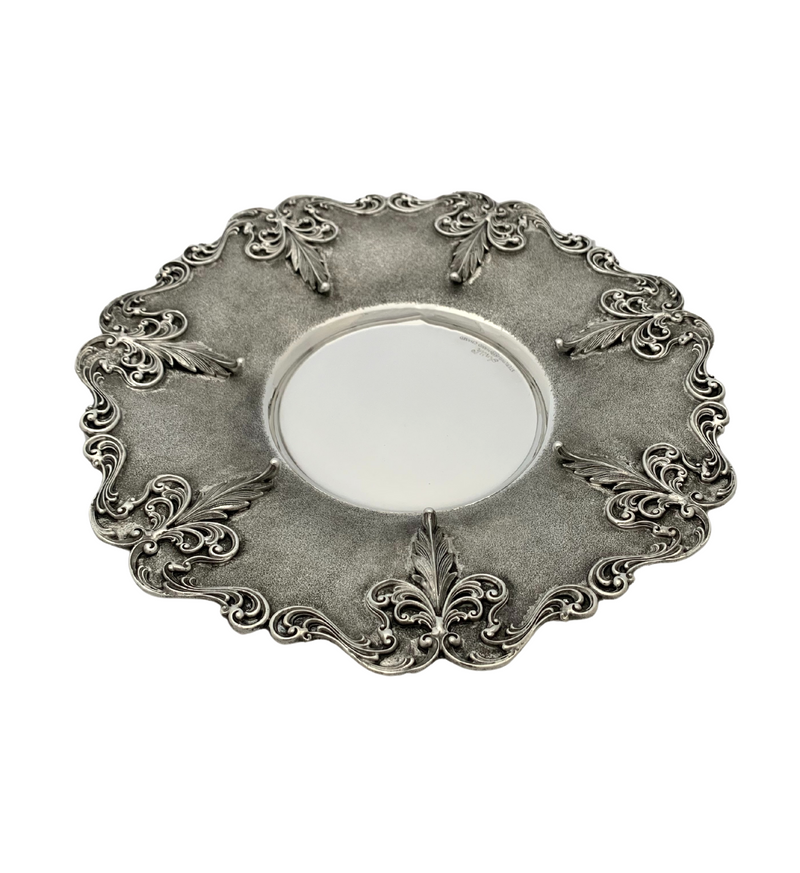 FINE 925 STERLING SILVER HANDMADE LEAF APPLIQUE ORNATE MATTE & SHINY CUP & TRAY