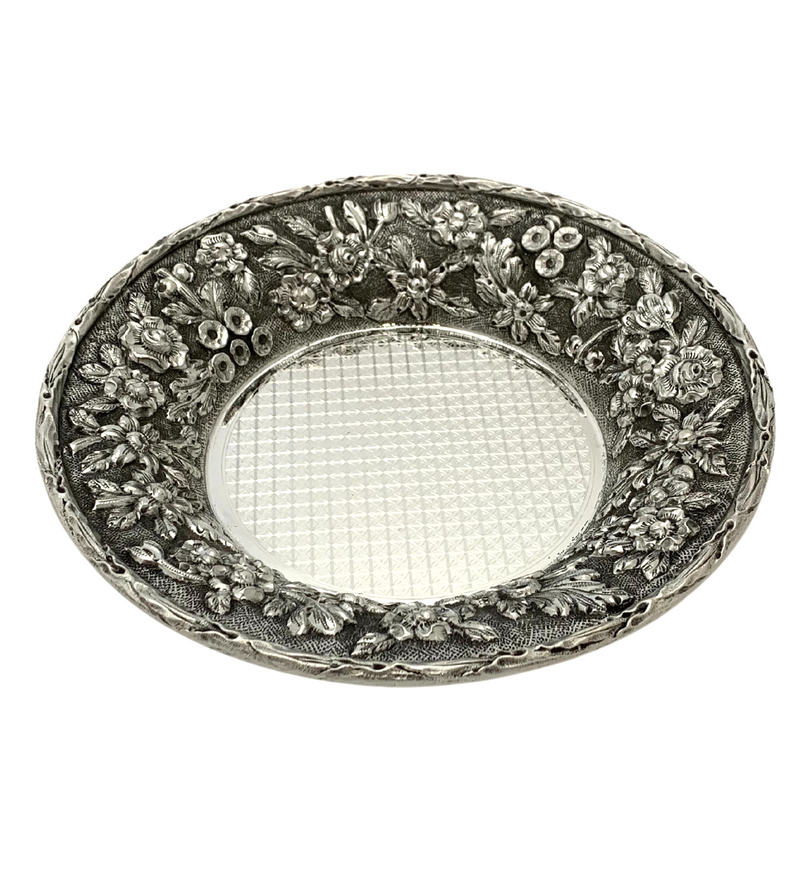 S. KIRK & SON 925 STERLING SILVER HANDMADE REPOUSSE FLORAL ORNATE CUP & TRAY