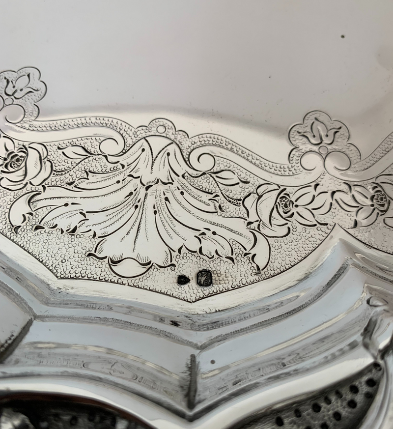 ANTIQUE PORTUGUESE SILVER HANDMADE SCALLOPED ROSE & SHELL EMBOSSED ROUND TRAY