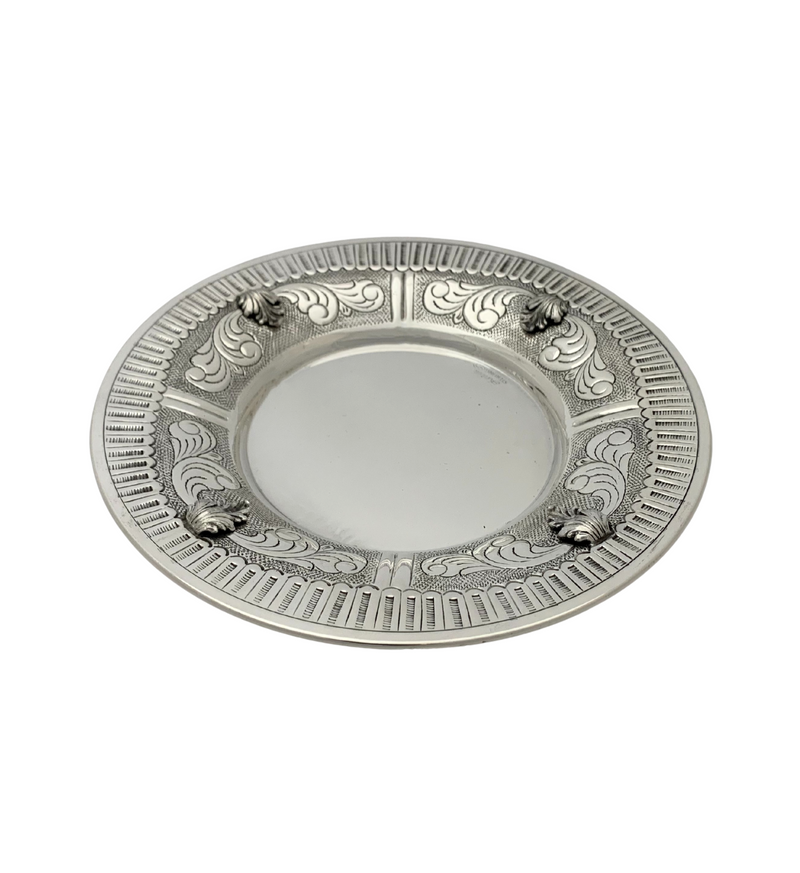 925 STERLING SILVER HANDMADE LEAF APPLIQUE CHASED SWIRL MATTE SHINY CUP & TRAY