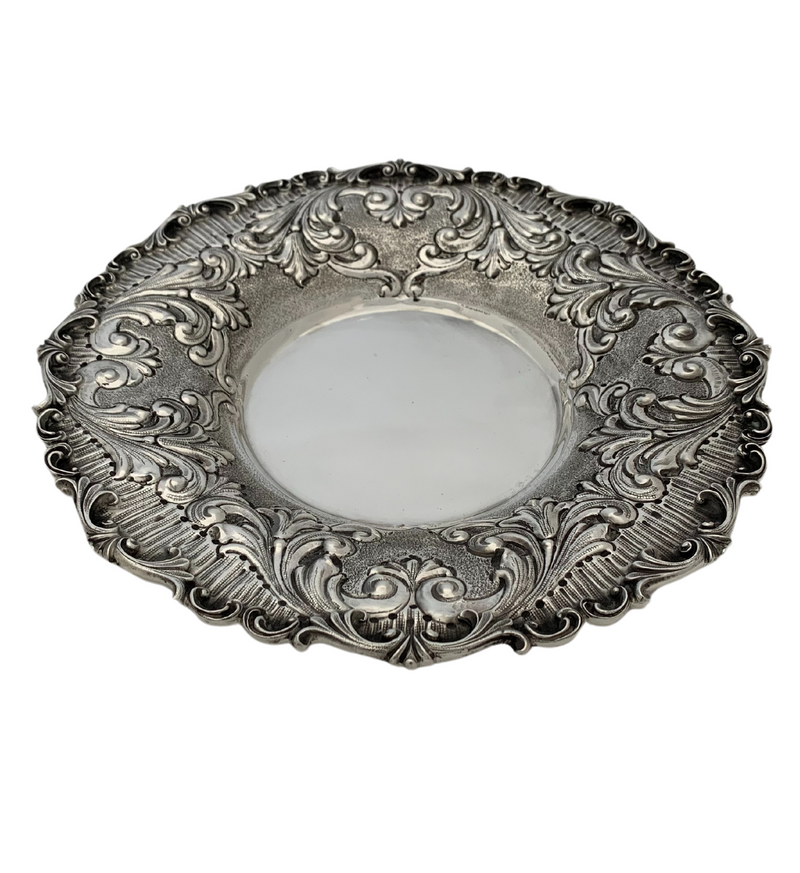 FINE ITALIAN 925 STERLING SILVER HANDMADE CHASED SWIRL LEAF ORNATE CUP & TRAY