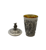 ITALY 925 STERLING SILVER HANDMADE LEAF ORNATE MATTE & SHINY CUP & TRAY & COVER