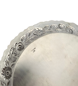ANTIQUE 925 STERLING SILVER HANDMADE FLORAL REPOUSSE MATTE SHINY 8" ROUND TRAY