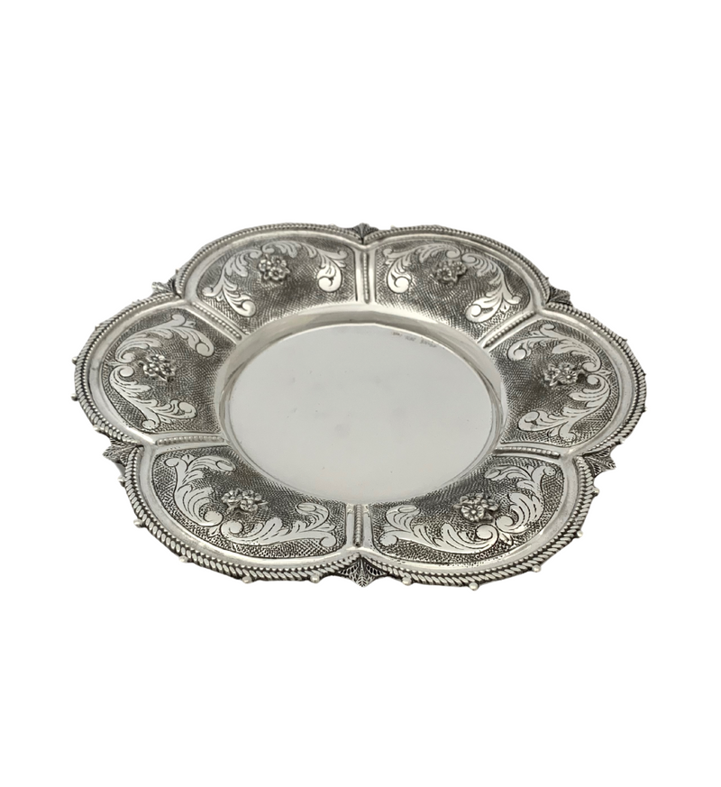 FINE 925 STERLING SILVER HANDMADE FLORAL ORNATE APPLIQUE CHASED CUP & TRAY