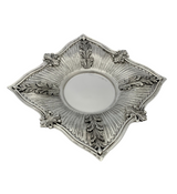 925 STERLING SILVER HANDMADE ELEGANT LEAF APPLIQUE STRIATED SQUARE CUP & TRAY